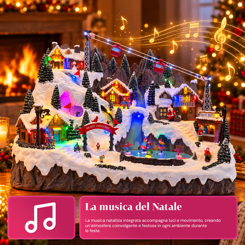 Beleuchtetes Weihnachtsdorf mit beweglichen Ski- und Schlittschuhbahnen, LED-Lichtern und Musik – 56x37x42 cm