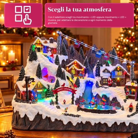 Beleuchtetes Weihnachtsdorf mit beweglichen Ski- und Schlittschuhbahnen, LED-Lichtern und Musik – 56x37x42 cm
