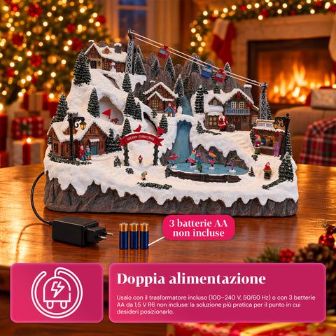Beleuchtetes Weihnachtsdorf mit beweglichen Ski- und Schlittschuhbahnen, LED-Lichtern und Musik – 56x37x42 cm