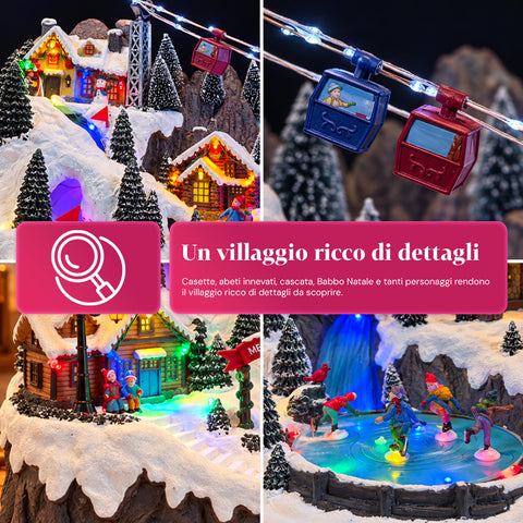 Beleuchtetes Weihnachtsdorf mit beweglichen Ski- und Schlittschuhbahnen, LED-Lichtern und Musik – 56x37x42 cm