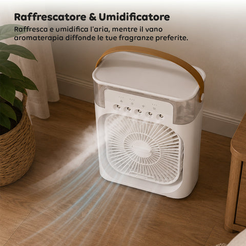 Tragbarer, wiederaufladbarer USB-Ventilator mit Vernebler, 600-ml-Tank und Lithiumbatterie