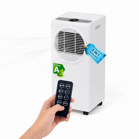 Mobiles Klimagerät 9000 BTU, 3-in-1, aus ABS, mit Fernbedienung (Energieeffizienzklasse A, R290), 950 W + Timer