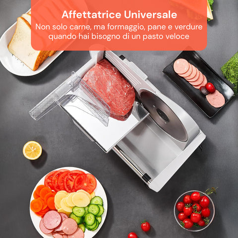 Vielseitige Aufschnittmaschine für Fleisch, Käse, Brot und Gemüse, ideal für schnelle und abwechslungsreiche Zubereitungen in der Küche