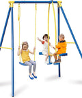 3-fache Kinderschaukel aus blau lackiertem Stahl mit Sitz und Schaukelpferd