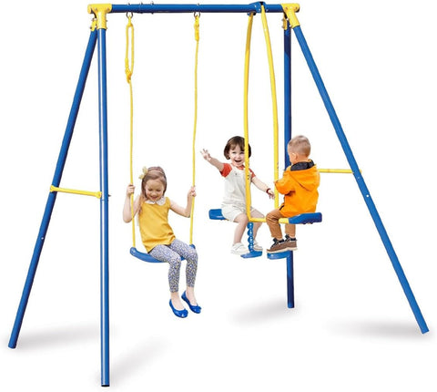 3-fache Kinderschaukel aus blau lackiertem Stahl mit Sitz und Schaukelpferd