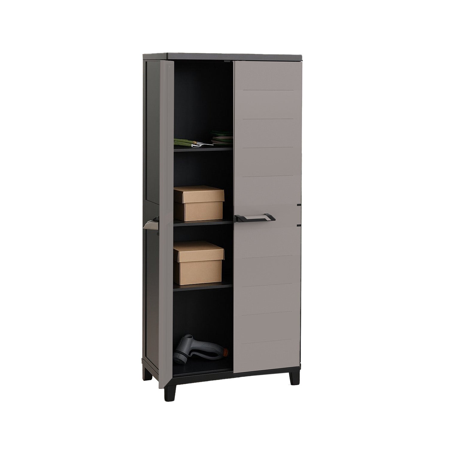 Schwarzer Toomax-Schrank mit durchgehenden Böden aus recyceltem Kunststoff, 4 Einlegeböden im Inneren, Tragfähigkeit 15 kg pro Einlegeboden, elegantes modernes Design