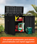 Gartenbox mit für zusätzliche Regalböden vorbereiteten Wänden, individuell anpassbar für eine optimale Werkzeugorganisation