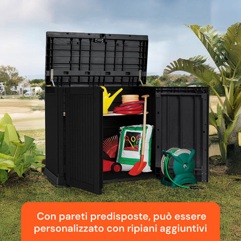 Gartenbox mit für zusätzliche Regalböden vorbereiteten Wänden, individuell anpassbar für eine optimale Werkzeugorganisation