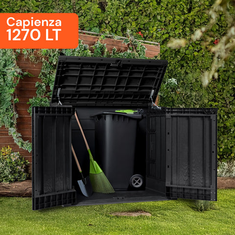 Outdoor-Aufbewahrungsbox mit 1270 Litern Fassungsvermögen für Werkzeuge und Mülltonnen, perfekt für die Gartenorganisation