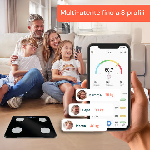 Waage für mehrere Nutzer mit bis zu 8 Profilen für die ganze Familie, Smartphone-App, personalisierter Überwachung und Synchronisierung individueller Daten