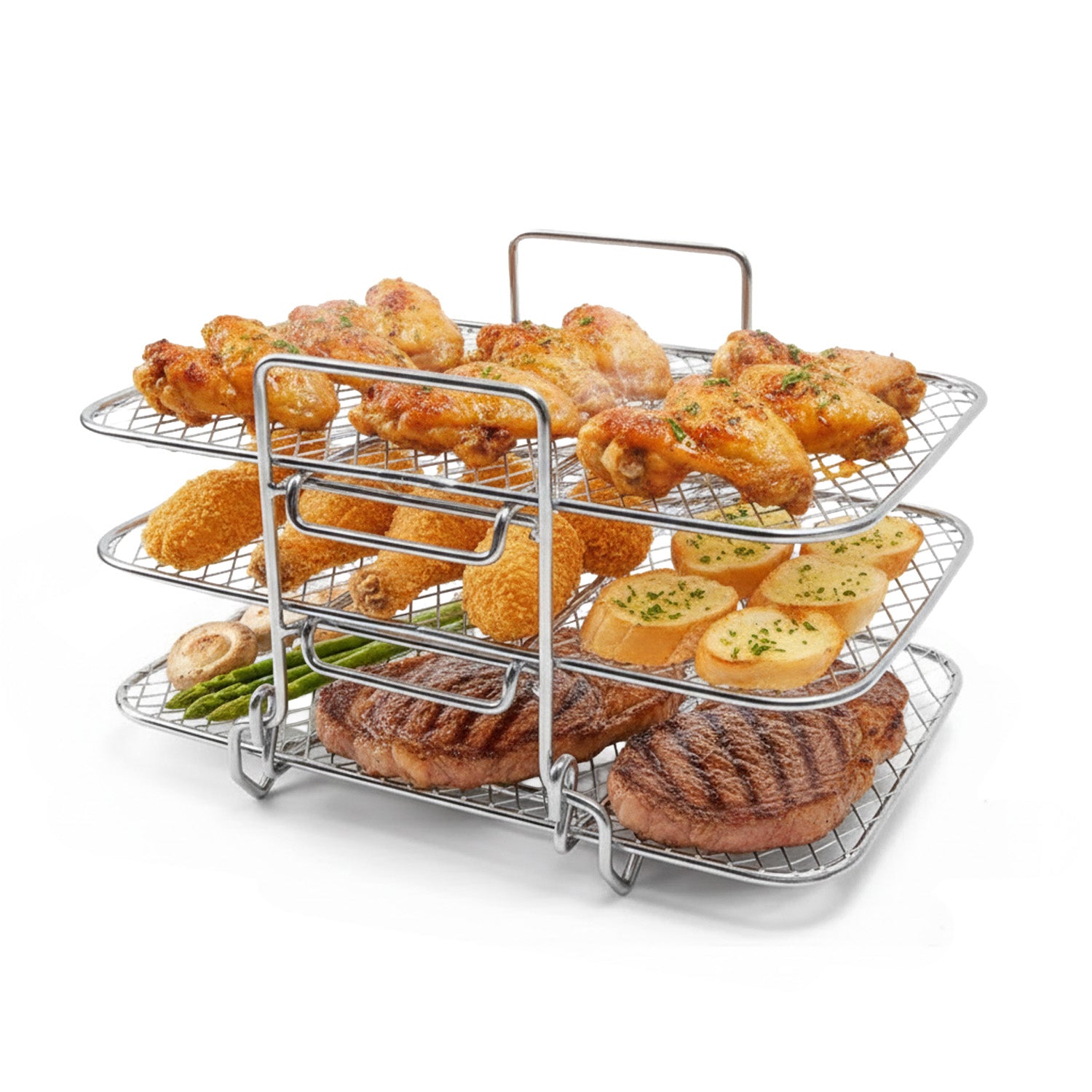 Airfryer-Grill mit 3 Ebenen, rund und rechteckig, aus spülbarem Edelstahl