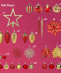 Weihnachtsdekorationsset mit 106 Teilen in Rot und Gold – Mit Glitzersternen und -blumen