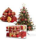 Weihnachtsdekorationsset mit 106 Teilen in Rot und Gold – Mit Glitzersternen und -blumen