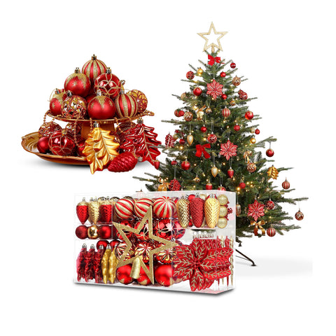 Weihnachtsdekorationsset mit 106 Teilen in Rot und Gold – Mit Glitzersternen und -blumen