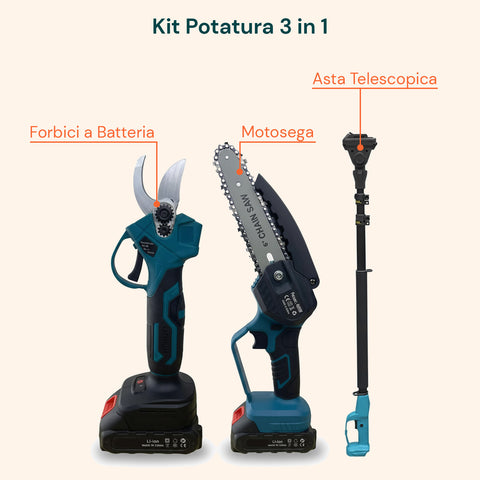3-in-1-Schnittset mit Schere, Kettensäge und teleskopischer Akku-Stange 88 V