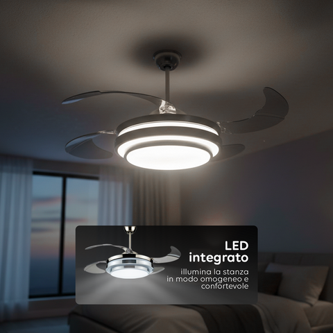 Deckenventilator mit 4 einziehbaren Flügeln, Licht und Fernbedienung, 35 W