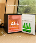 45-L-Mini-Kühlschrank mit Abmessungen von 48 x 40 cm und Türöffnung bis zu 74 cm, platzsparendes und funktionales Design für jede Umgebung