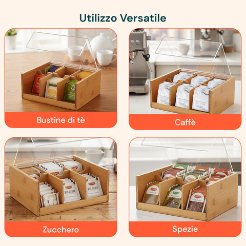 Bambus-Tee- und Kräutertee-Organizer mit 6 praktischen Fächern