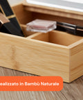 Organizer aus Bambus mit LED-Spiegel – Aufbewahrungsbox mit 3 Fächern 19.7x19.7x22 cm