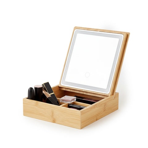 Organizer aus Bambus mit LED-Spiegel – Aufbewahrungsbox mit 3 Fächern 19.7x19.7x22 cm