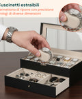 Organizer für Uhren und Schmuck aus schwarzem Leder mit Glasdeckel