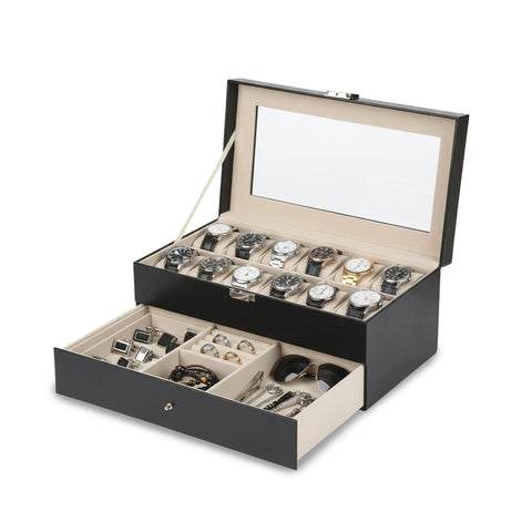 Organizer für Uhren und Schmuck aus schwarzem Leder mit Glasdeckel