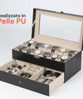 Organizer für Uhren und Schmuck aus schwarzem Leder mit Glasdeckel