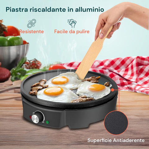 Beheizte Crêpes-Platte aus robustem und leicht zu reinigendem Aluminium, mit Antihaftoberfläche für gleichmäßiges Backen ohne Anhaften