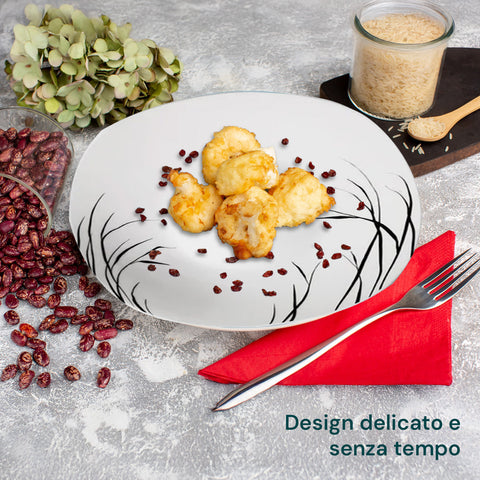 Set mit 18 Tellern in verschiedenen Größen: 6 flache Teller mit 27 cm Durchmesser, 6 tiefe Teller mit 23 cm Durchmesser, 6 Dessertteller mit 20 cm Durchmesser, perfekt für jeden Gang