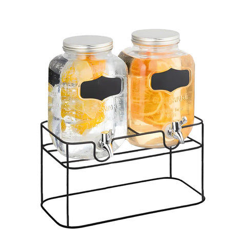 Set aus 2 Getränkespendern aus Glas, 4 l, mit Zapfhahn und Metallständer