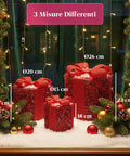 Set mit 3 dekorativen Geschenkpaketen – runde oder quadratische Formen mit farbigem Band und LED-Lichtern