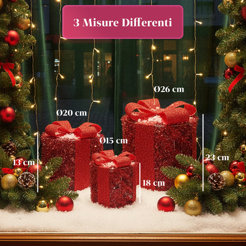 Set mit 3 dekorativen Geschenkpaketen – runde oder quadratische Formen mit farbigem Band und LED-Lichtern