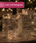 Set mit 3 dekorativen Geschenkpaketen – runde oder quadratische Formen mit farbigem Band und LED-Lichtern