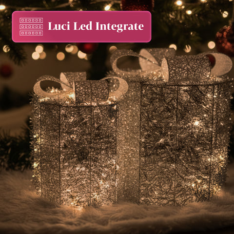 Set mit 3 dekorativen Geschenkpaketen – runde oder quadratische Formen mit farbigem Band und LED-Lichtern