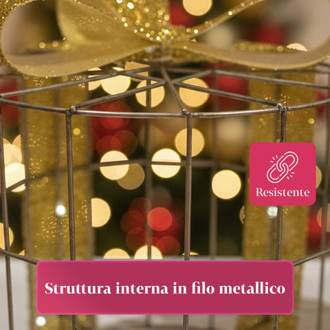 Set mit 3 dekorativen Geschenkpaketen – runde oder quadratische Formen mit farbigem Band und LED-Lichtern