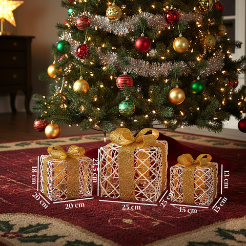 Set mit 3 dekorativen Geschenkpaketen – runde oder quadratische Formen mit farbigem Band und LED-Lichtern