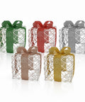 Set mit 3 dekorativen Geschenkpaketen – runde oder quadratische Formen mit farbigem Band und LED-Lichtern