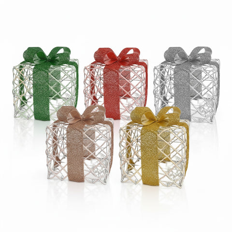 Set mit 3 dekorativen Geschenkpaketen – runde oder quadratische Formen mit farbigem Band und LED-Lichtern