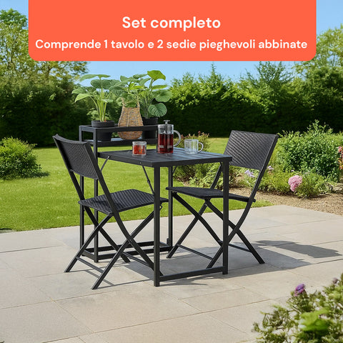 Komplettes Set aus Tisch und 2 Garten-Klappstühlen aus schwarz lackiertem Stahl, ideal für Terrassen und Außenbereiche