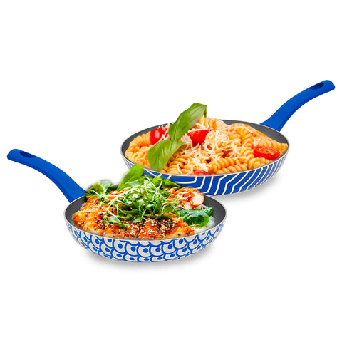 2er-Set antihaftbeschichtete Wellen-Pfannen, 24-28 cm, blau, mit Soft-Touch-Griff