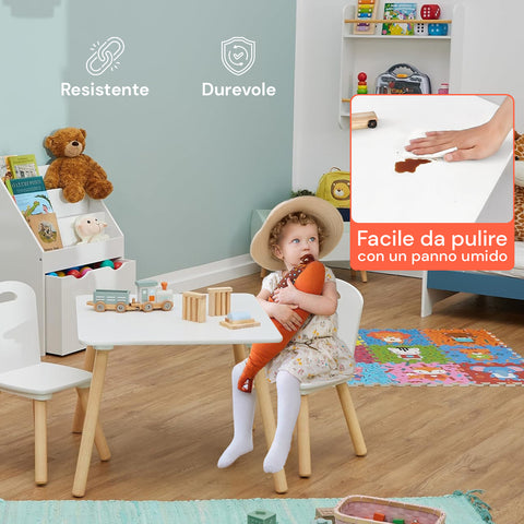 Scandi-Set fürs Kinderzimmer – Tisch und 2 weiße Holzstühle für Kinder