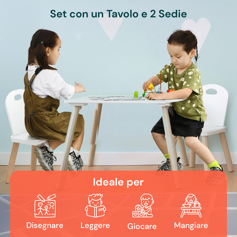 Scandi-Set fürs Kinderzimmer – Tisch und 2 weiße Holzstühle für Kinder