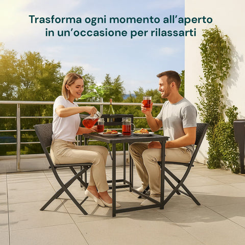 Tisch mit 2 Klappstühlen und Flaschenhalter für Balkon oder Terrasse