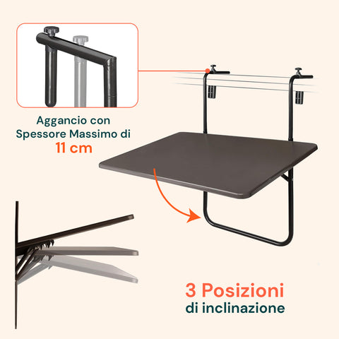 Balkontisch mit Halterung für Geländer bis zu einer maximalen Dicke von 11cm, sicheres und stabiles Befestigungssystem