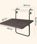 Technische Maße des Balkontischs: 60x40cm große Oberfläche, höhenverstellbar, optimierte Maße für kleine Räume
