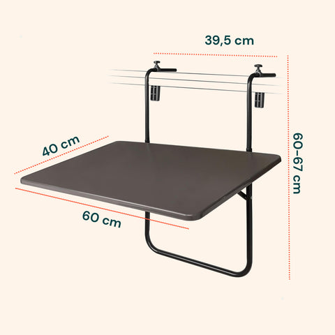 Technische Maße des Balkontischs: 60x40cm große Oberfläche, höhenverstellbar, optimierte Maße für kleine Räume
