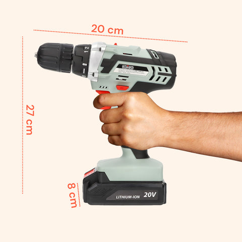 Bohrschrauber mit kompakten Abmessungen von 20 x 27 x 8 cm, liegt perfekt in der Hand, ergonomisches Design und einfach zu handhaben