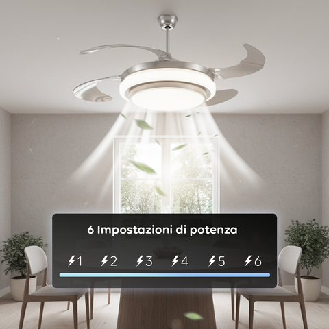 Deckenventilator mit 4 einziehbaren Flügeln, Licht und Fernbedienung, 35 W
