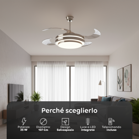 Deckenventilator mit 4 einziehbaren Flügeln, Licht und Fernbedienung, 35 W