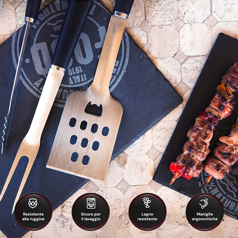 Rostbeständiges Grillbesteck, spülmaschinengeeignet, robustes Holz und ergonomische Griffe für hohen Komfort